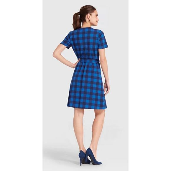 DRAPER JAMES Mini Dress Nassau Blue Plaid Buffalo Check Wrap Dress sz Small - Picture 3 of 13